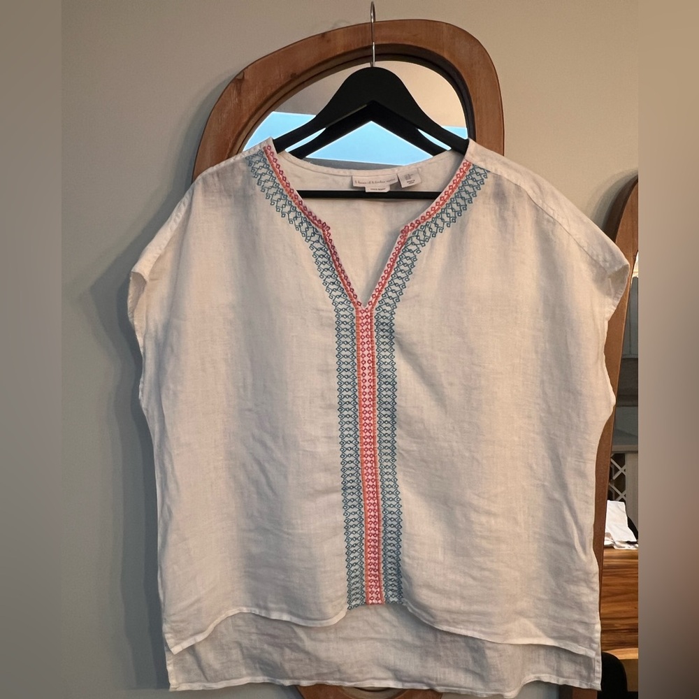House of Harlow 1960 Cream Blouse with Blue and Pink Embroidery